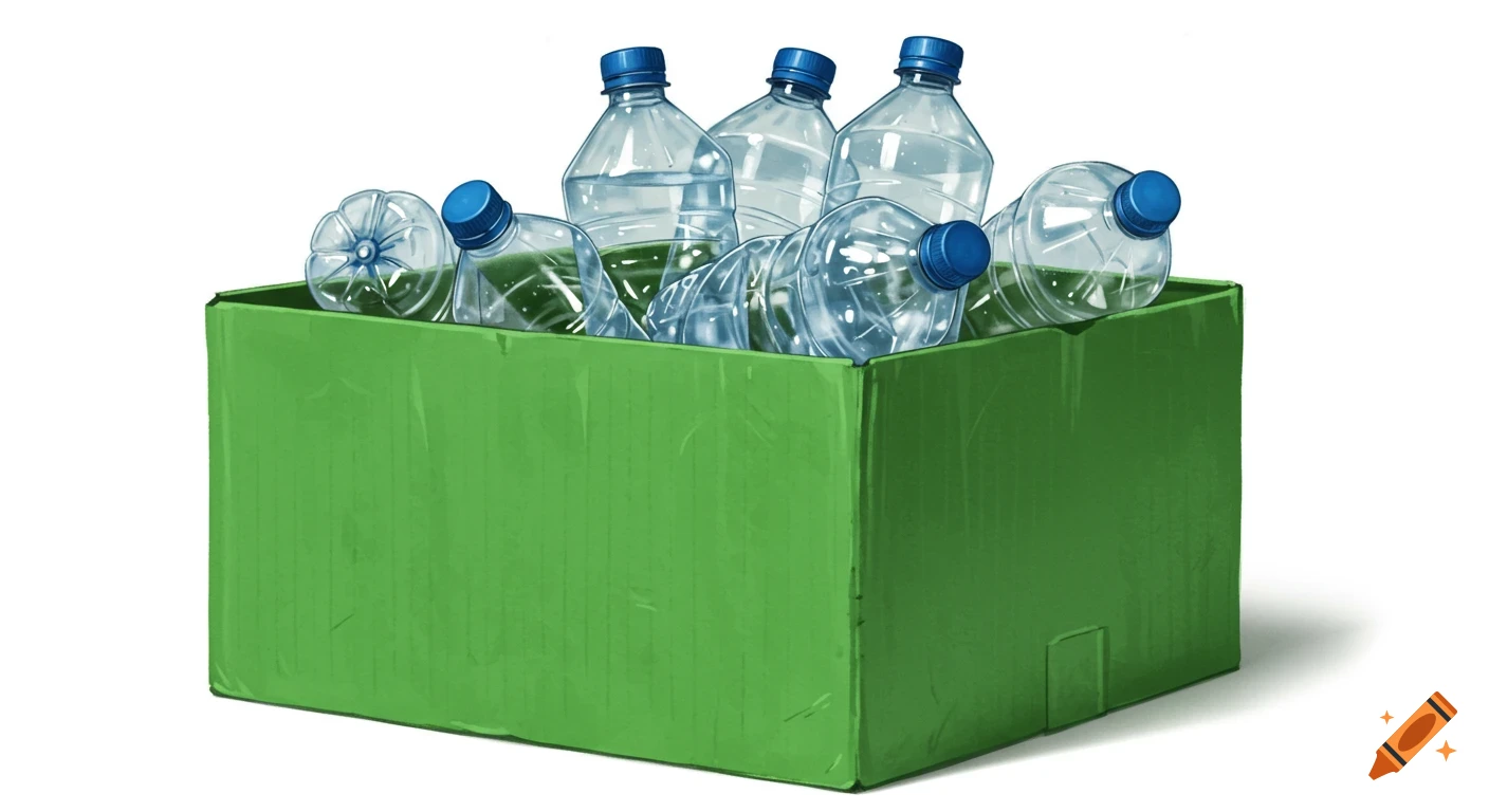 Illustration of a green cardboard box filled with clear plastic water bottles with blue caps