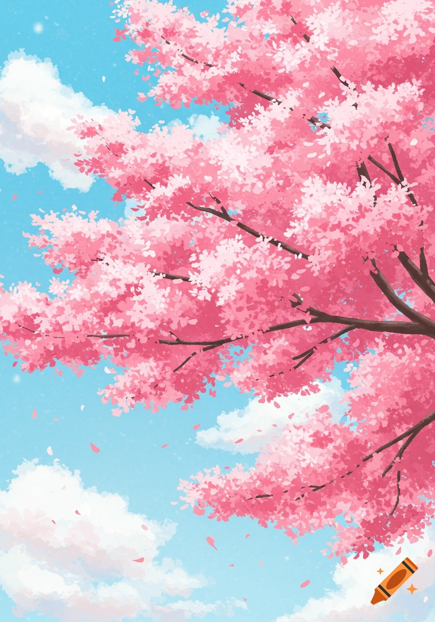 Pink cherry blossoms against a blue sky with clouds and falling petals in an illustrated style.