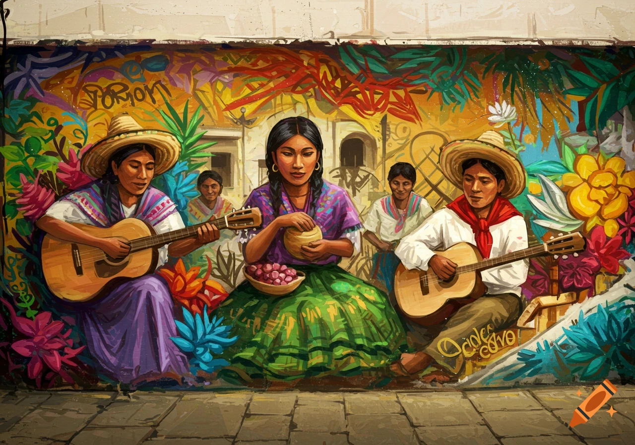 Colourful mural of people playing music with guitars, holding fruit, surrounded by vibrant flowers and leaves.