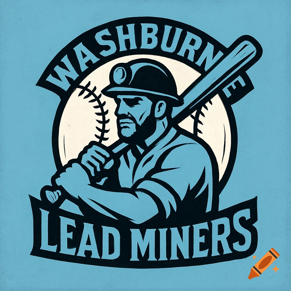 Baseball logo with a miner holding a bat in front of a baseball, with the text 'WASHBURN LEAD MINERS'.