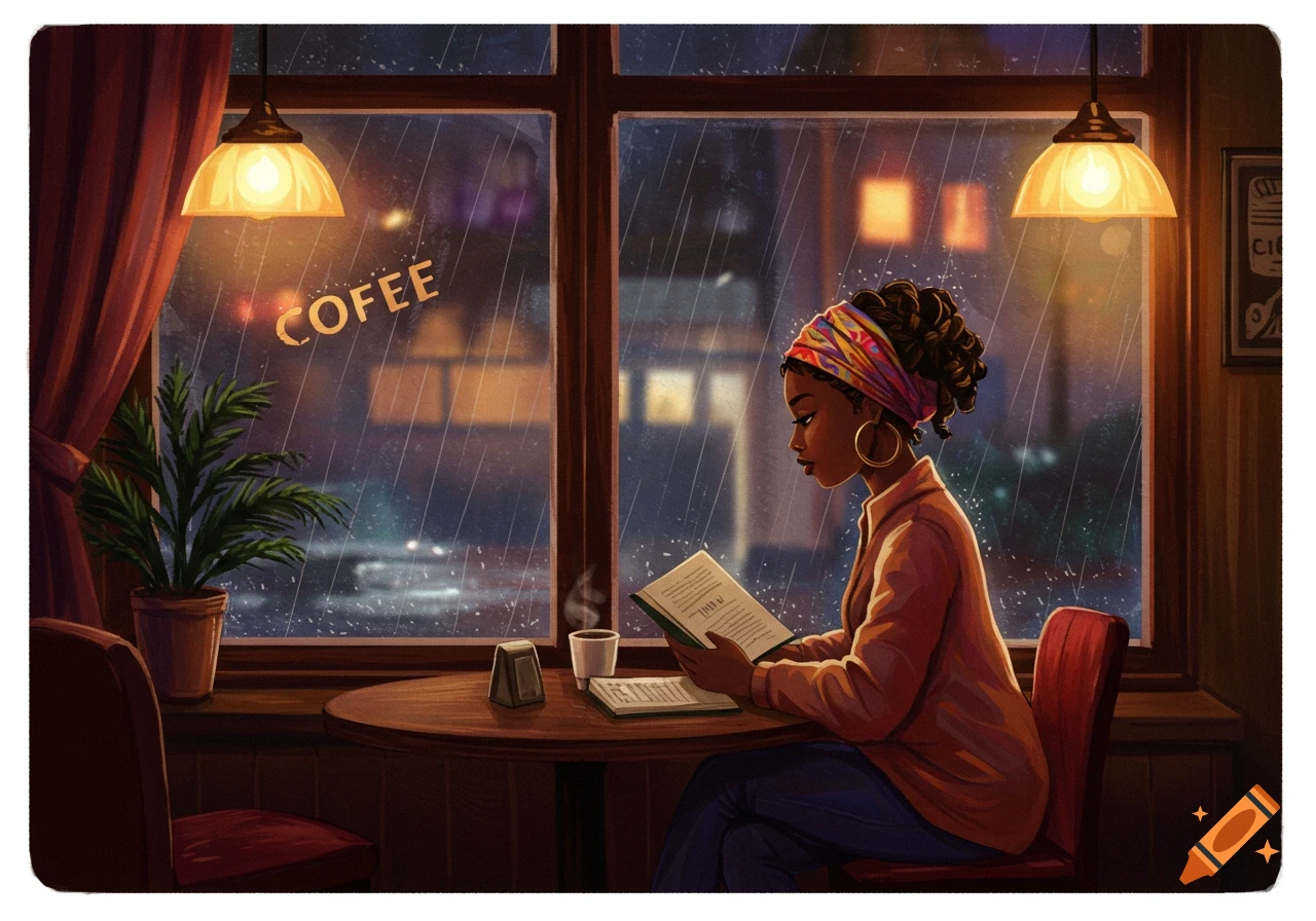 A black woman reads a book in a cozy coffee shop on a rainy day, looking out a window.