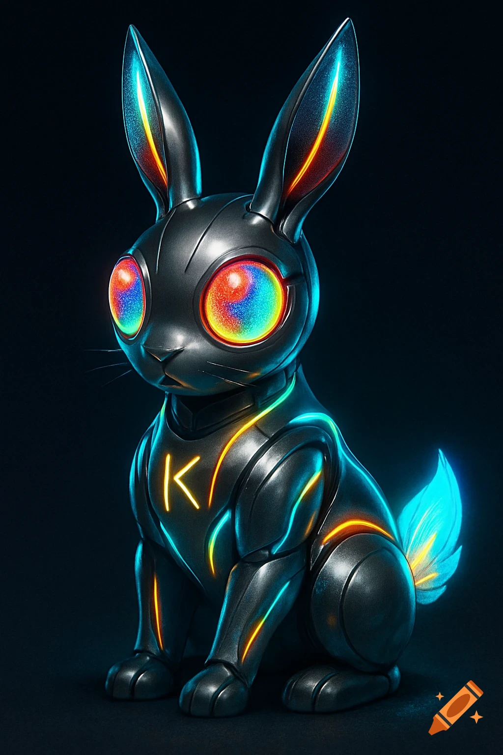 A metallic, futuristic bunny with glowing rainbow eyes and neon accents sitting.