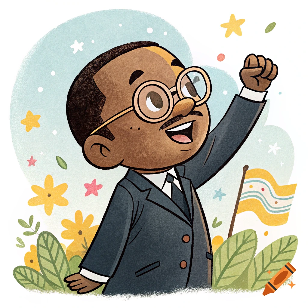 Chibi illustration of a historical figure raising a fist with a flag and flowers.