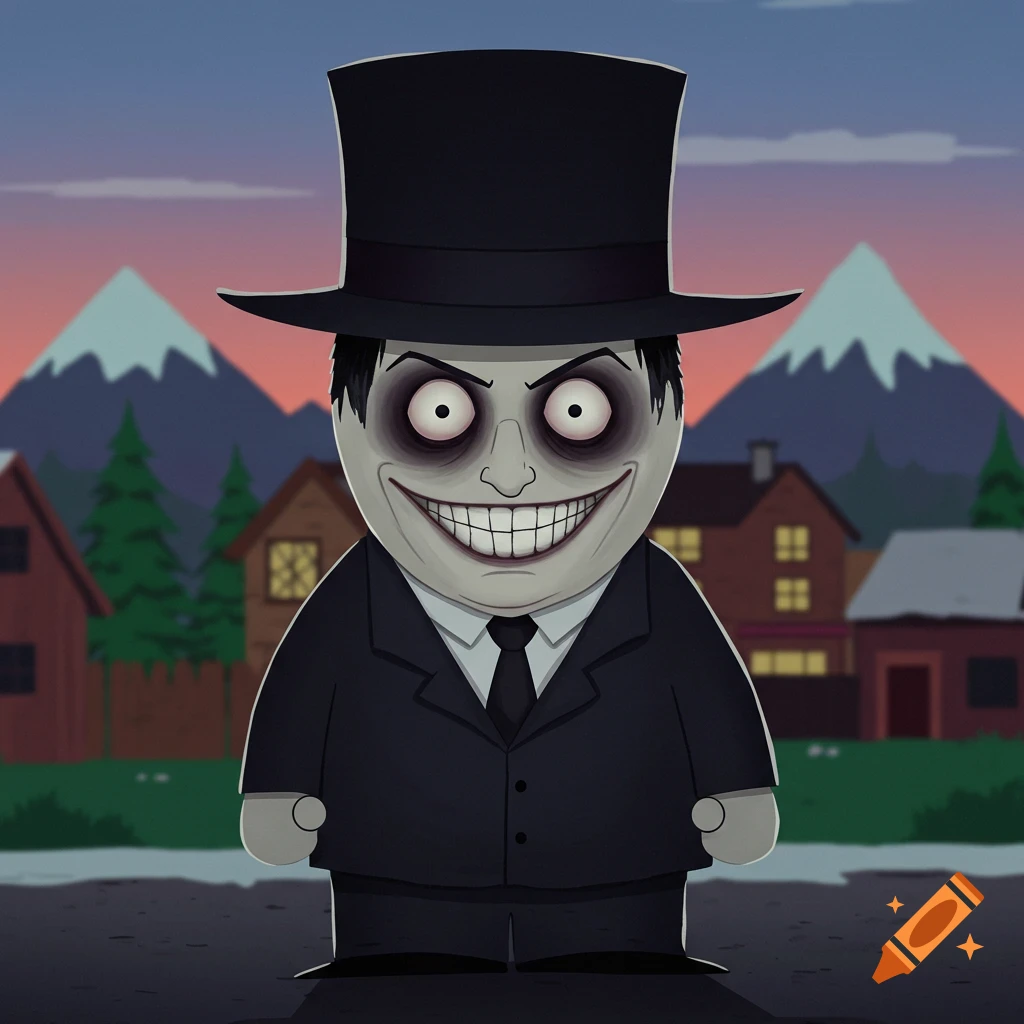 A South Park style character in a black suit and top hat with a creepy grin stands on a street.