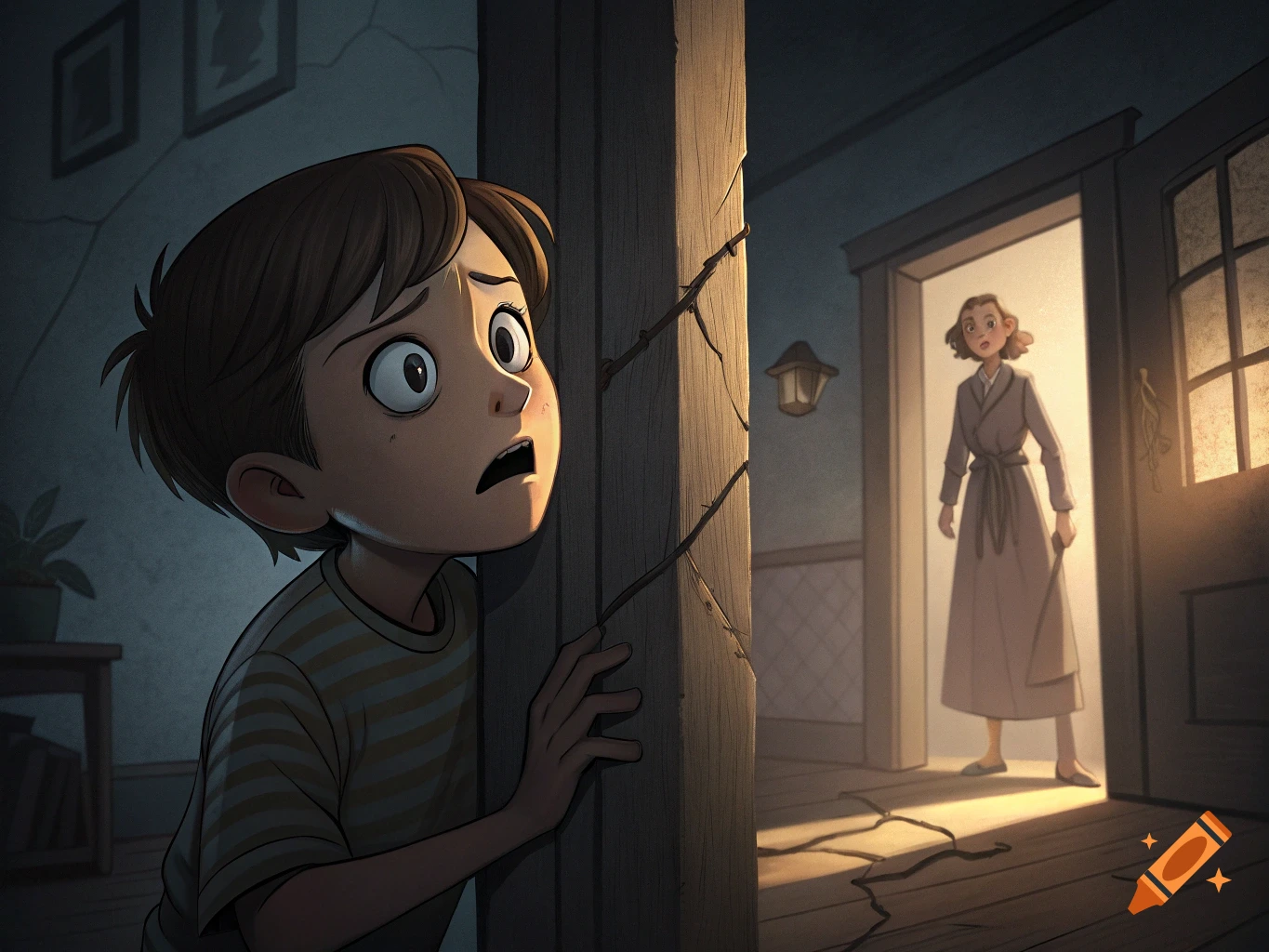 Cartoon of a scared boy peeking around a post at a woman standing in a dimly lit room.