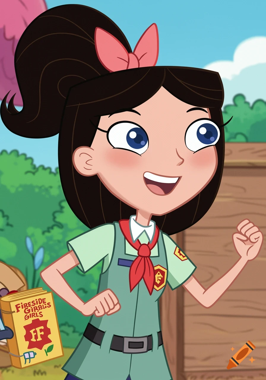 Cartoon character Isabella from Phineas and Ferb in Fireside Girls uniform, smiling and flexing arm