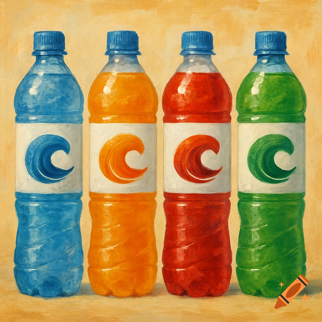 Four colorful bottles in a painting style, each with a blue cap and wavy logo on the label.