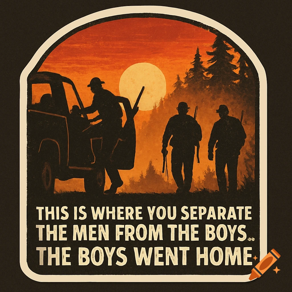 Silhouette sticker of hunters and a truck against a sunset with text at the bottom.