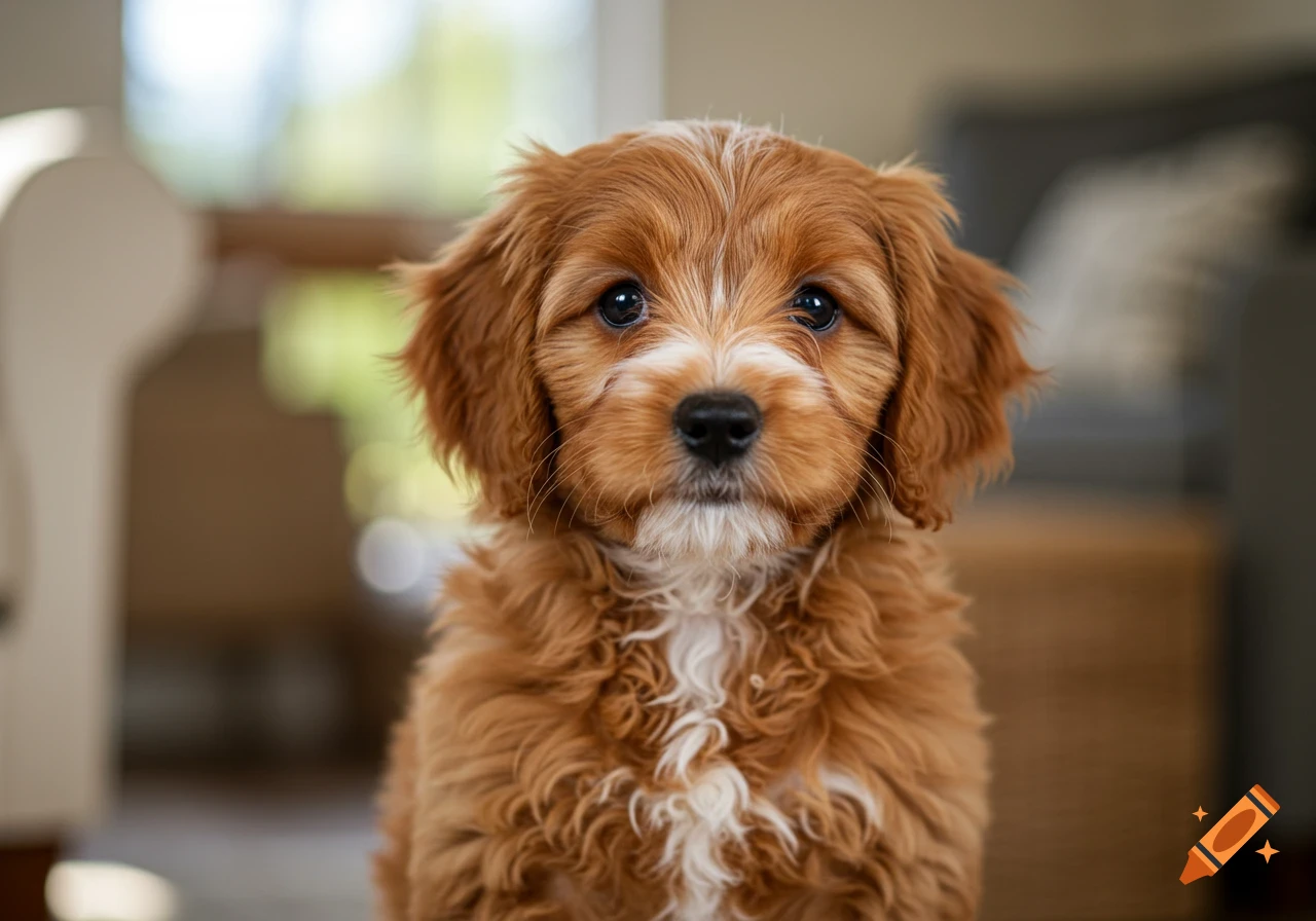 Close-up of a brown Cavoodle puppy looking at the camera