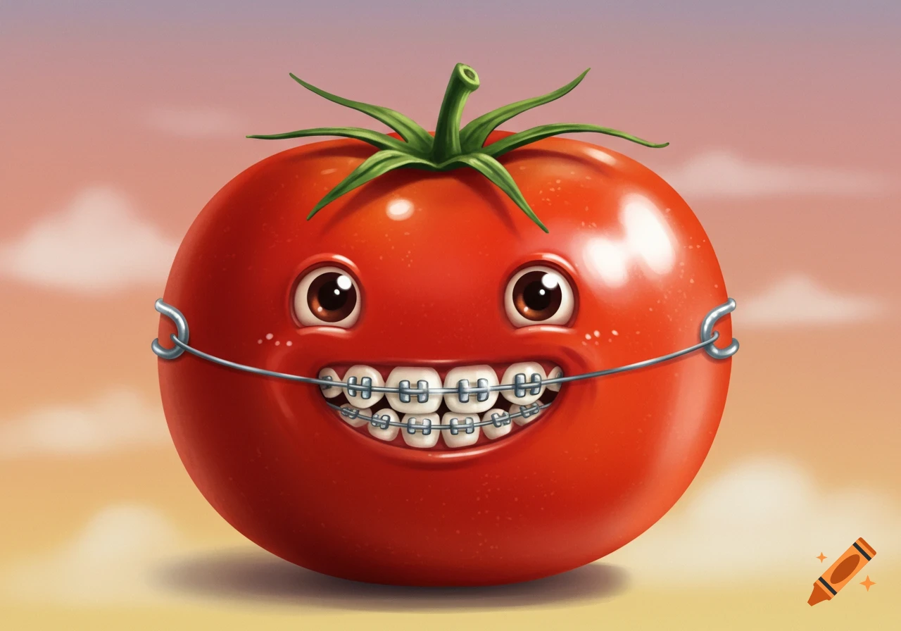 A cartoon tomato with braces smiles.