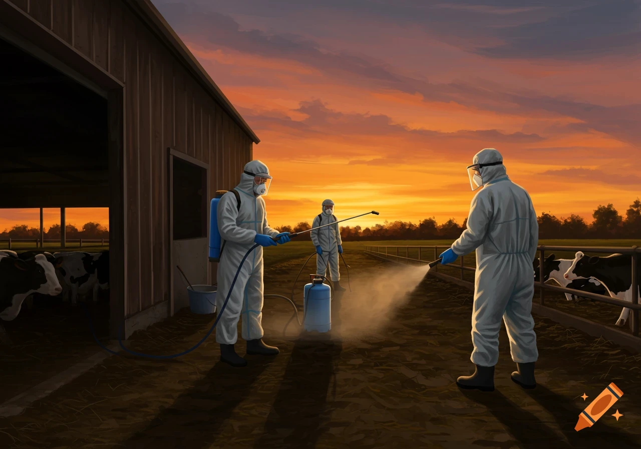 Three people in hazmat suits spray chemicals on a farm at sunset, with cows visible in the background.