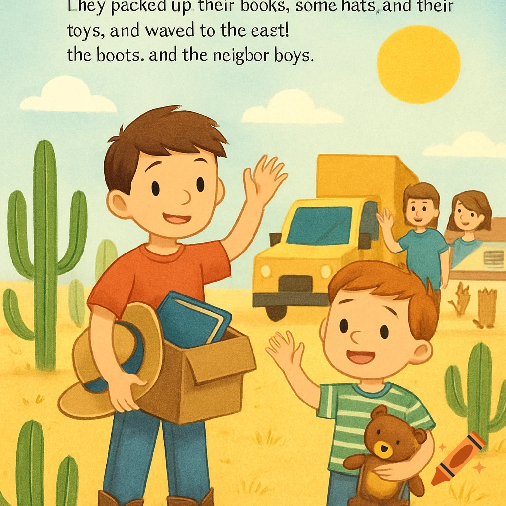 Cartoon illustration of two boys waving in a desert landscape with cactuses and a moving truck in the background, with text above.