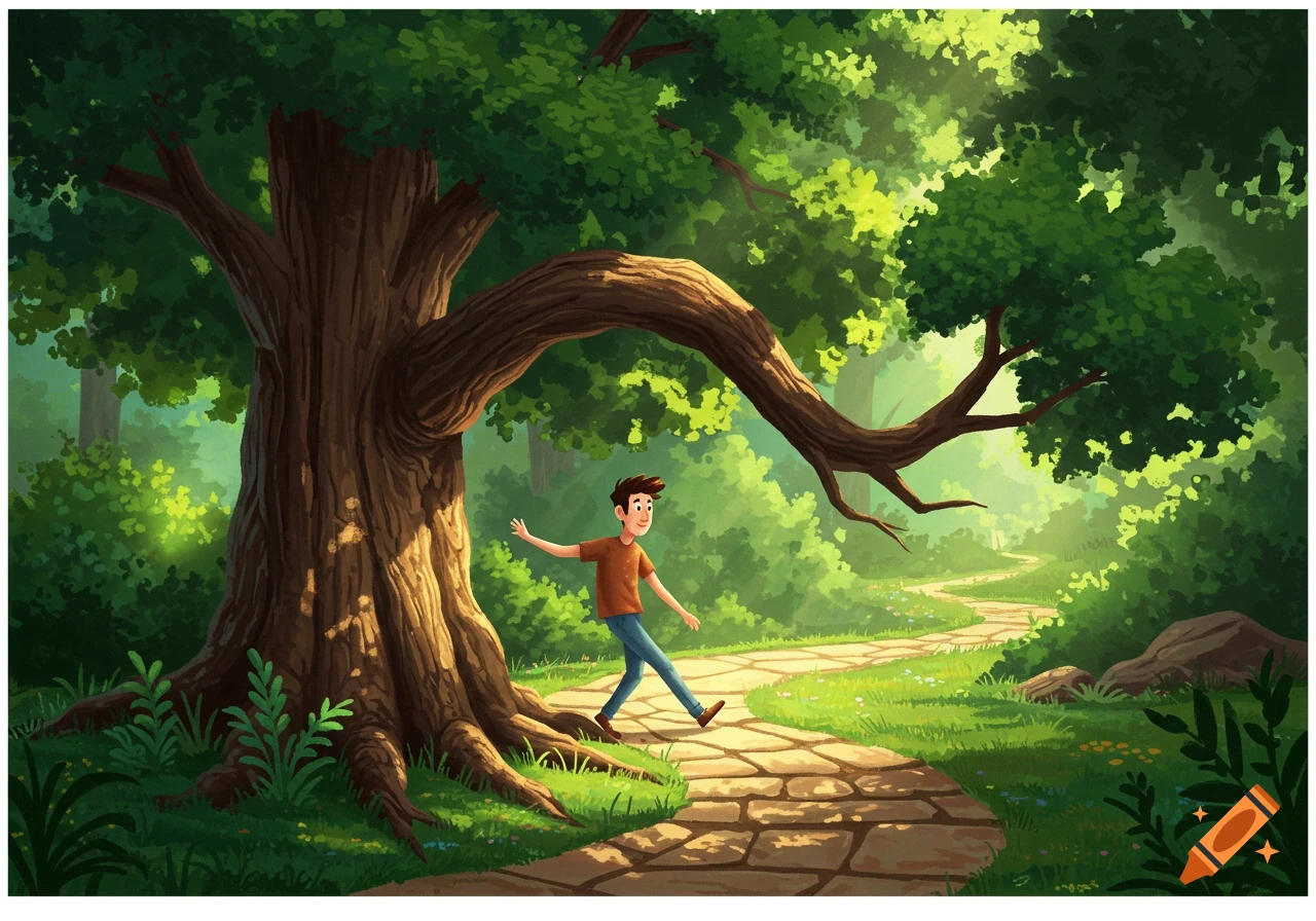Illustration of a cartoon man walking on a stone path in a sunny forest, ducking under a large tree branch.