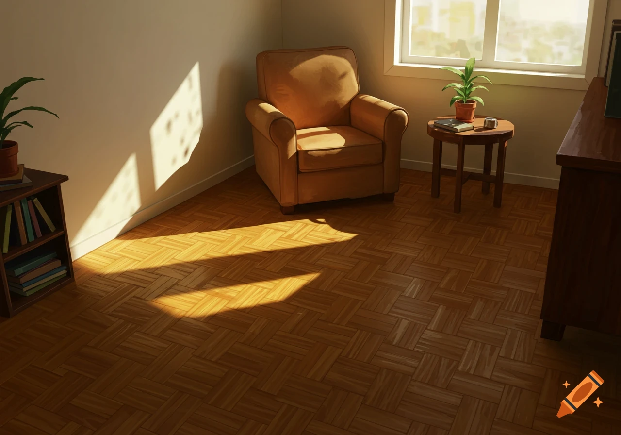 A cozy room with an armchair, bookshelf, and side table bathed in sunlight from a window.