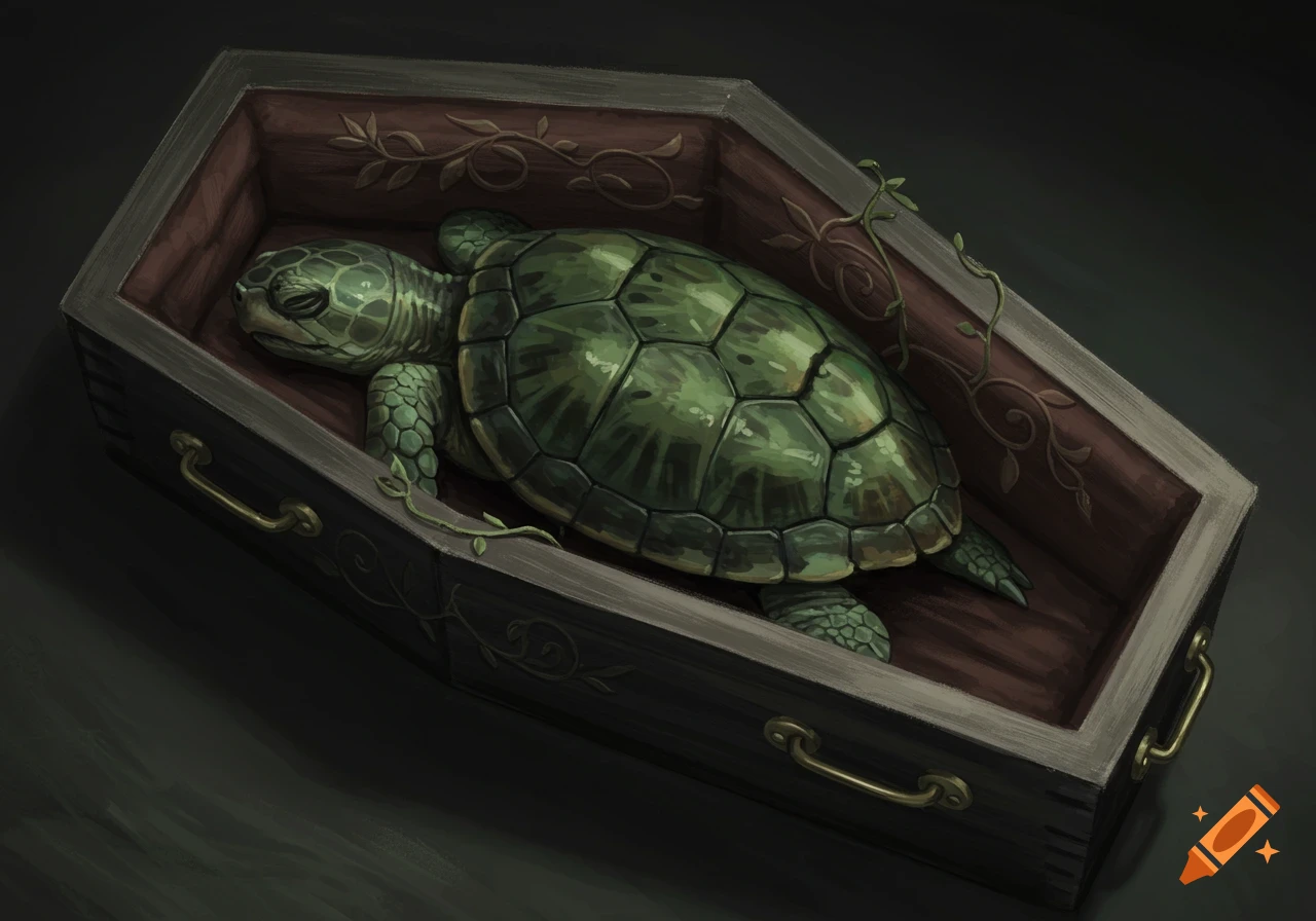 A green turtle lies in a dark wooden coffin with brass handles and vines. Illustration.