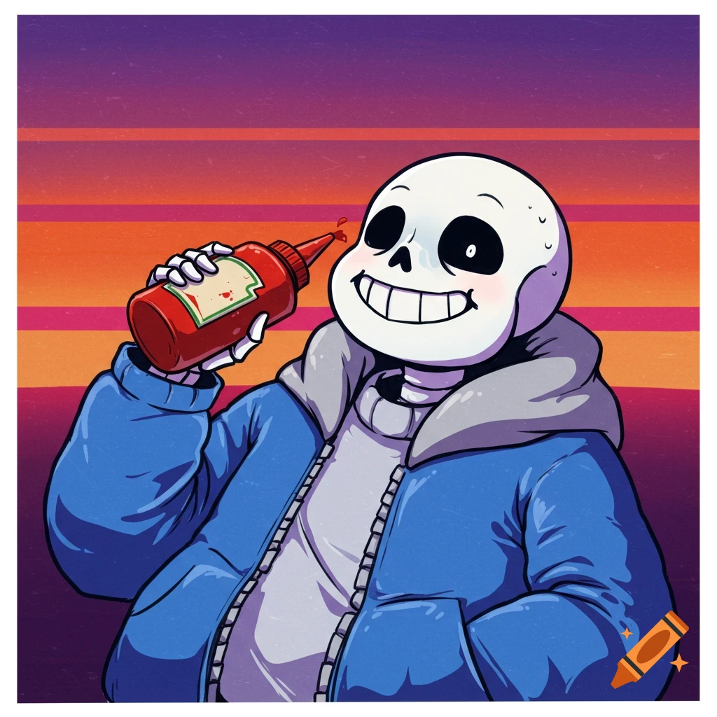Cartoon skeleton character in blue jacket holds a ketchup bottle against a striped background.