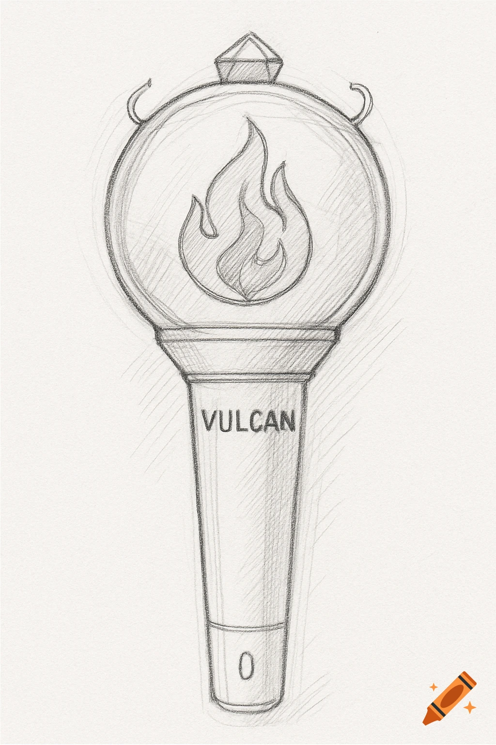 Pencil sketch of a Kpop lightstick with a flame logo and 'VULCAN' text.