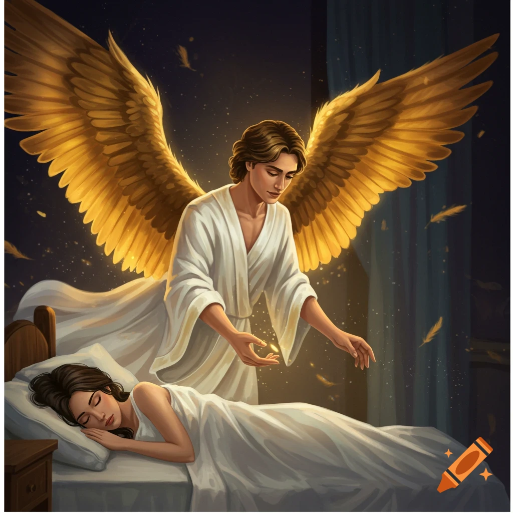 A male angel with large golden wings stands over a woman sleeping in a bed, with golden light and feathers floating around them.