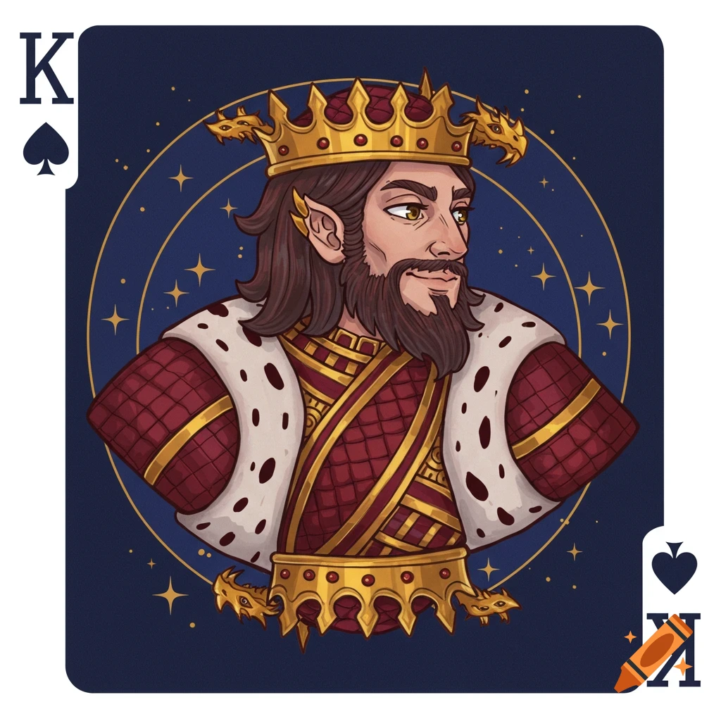 Stylized fantasy King of Spades playing card with dragon-themed crown and robes.