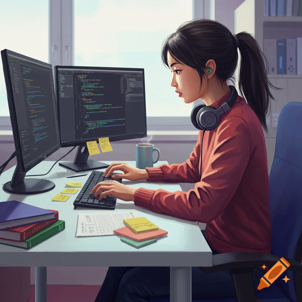 An illustration of a student studying computer science at a desk with two monitors displaying code.