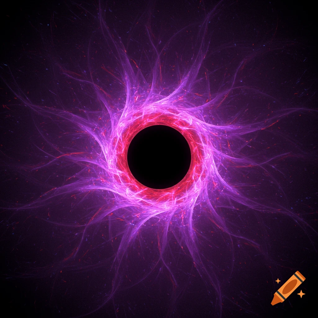 Abstract purple and red fractal energy radiating around a black void.