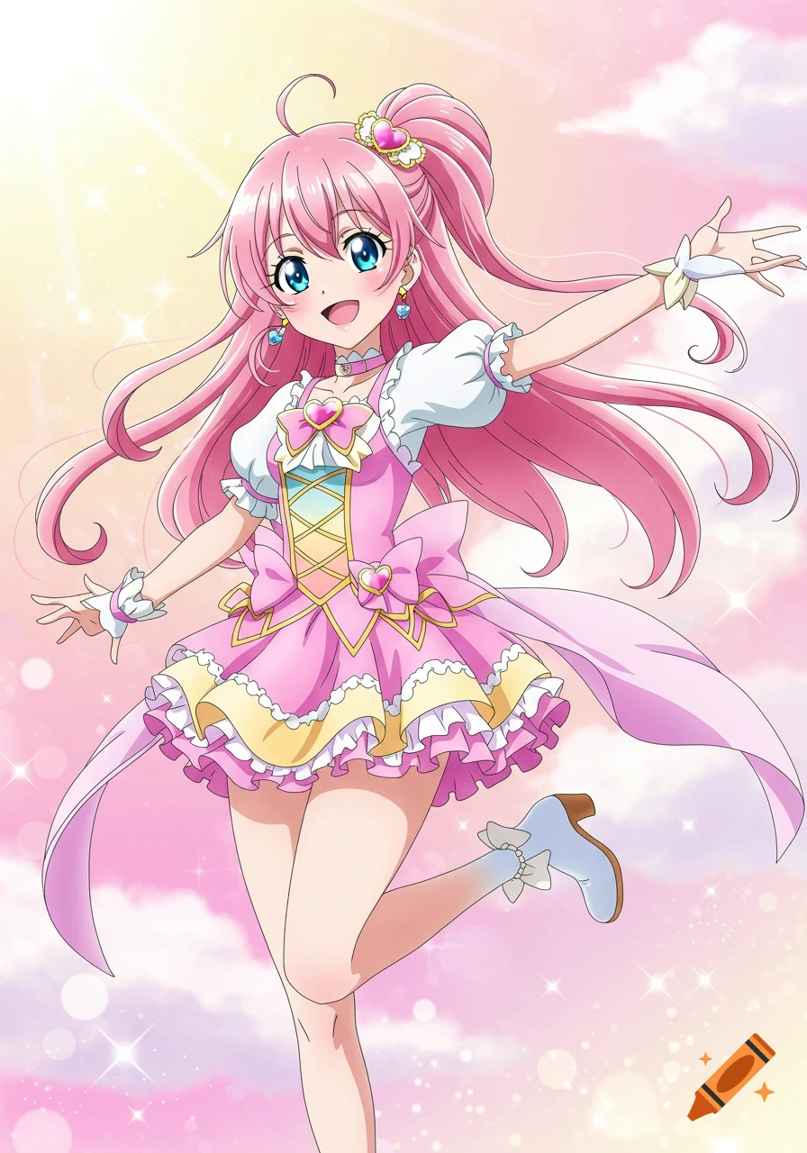 Anime illustration of a smiling girl with pink hair in a pink dress posing with arms outstretched against a sparkling sky.