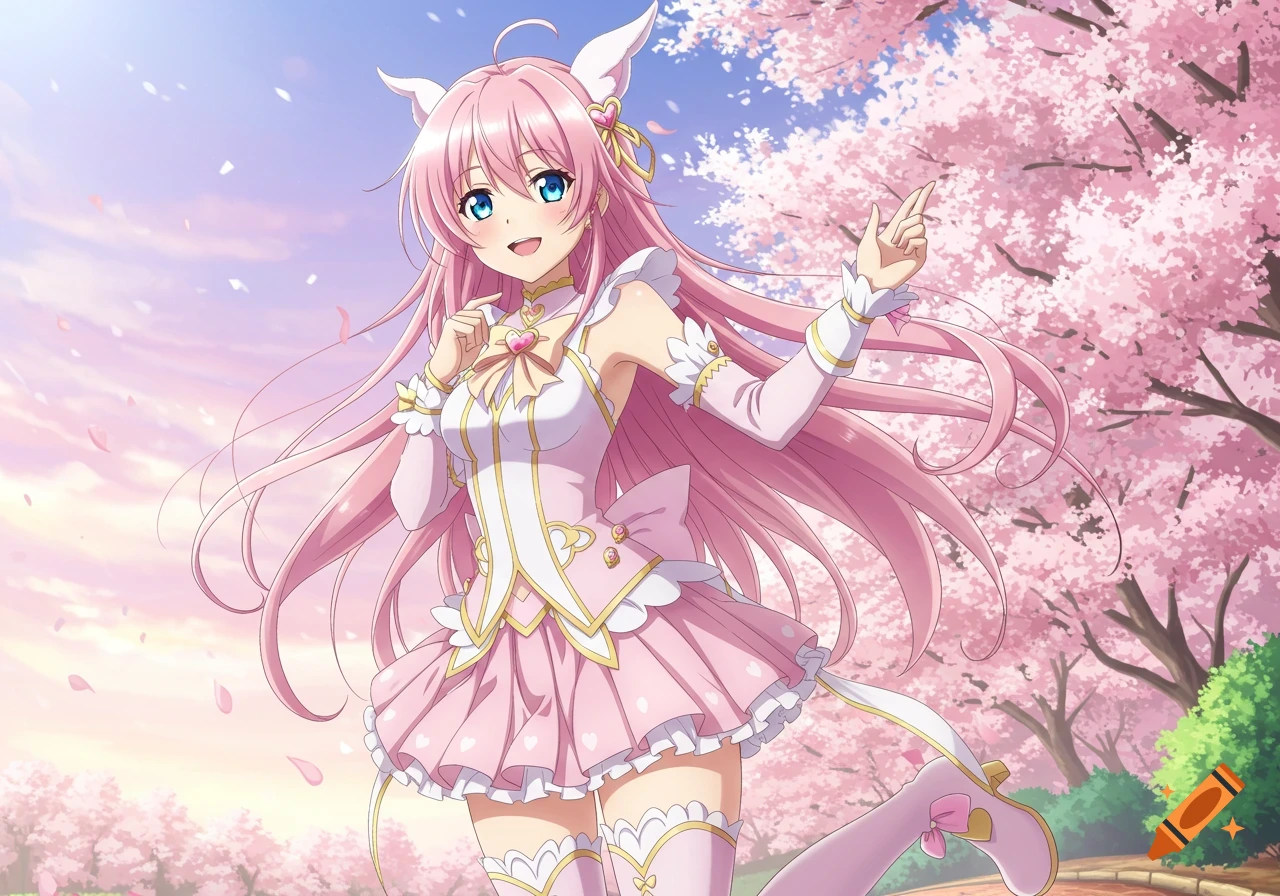 Anime girl with pink hair and blue eyes in a pink dress standing among cherry blossoms.
