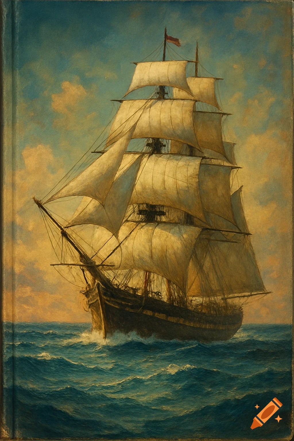 Painting of a tall ship sailing on a rough sea under a cloudy sky.