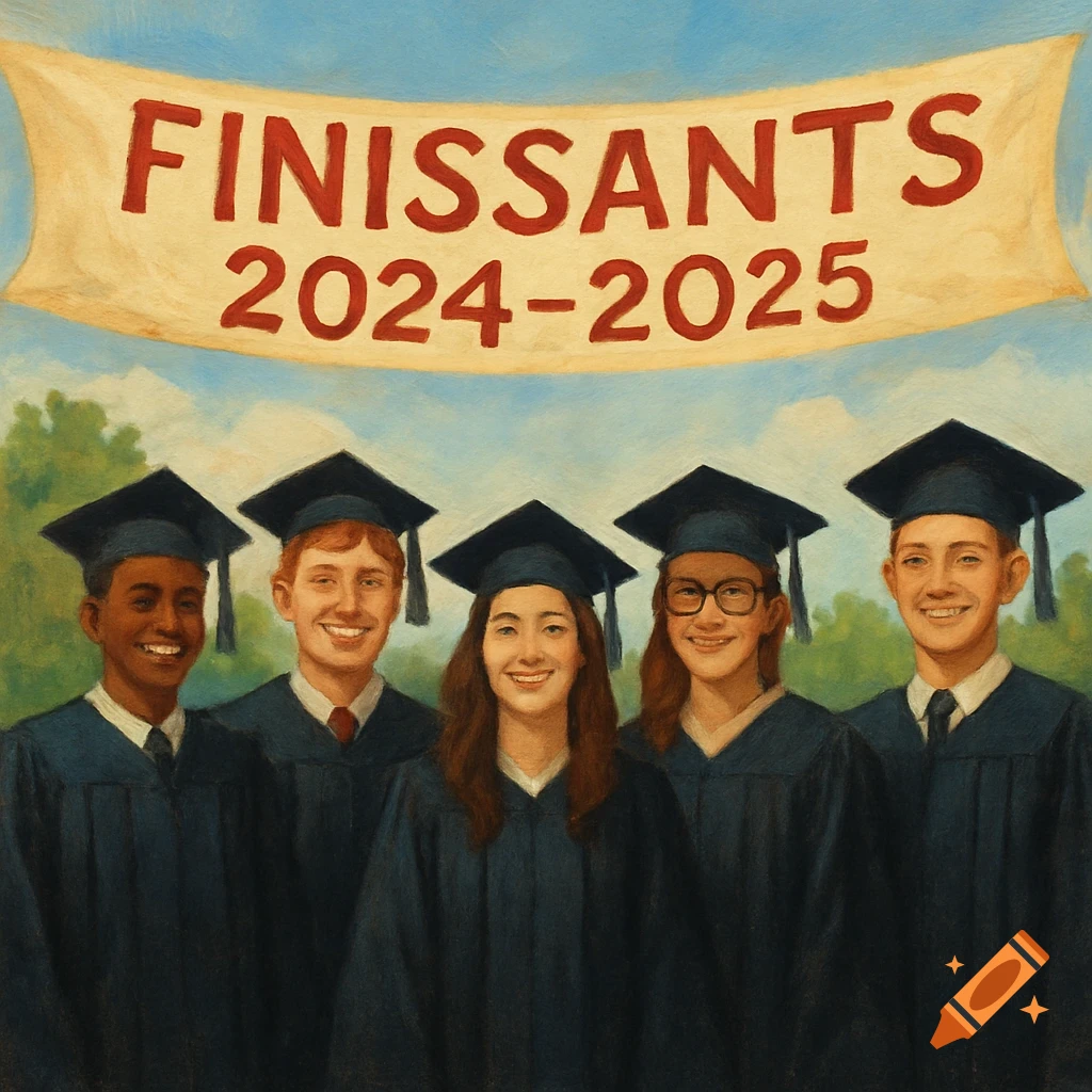A group of five diverse students wearing graduation caps and gowns pose under a banner that reads "FINISSANTS 2024-2025". The image is in a painted style.