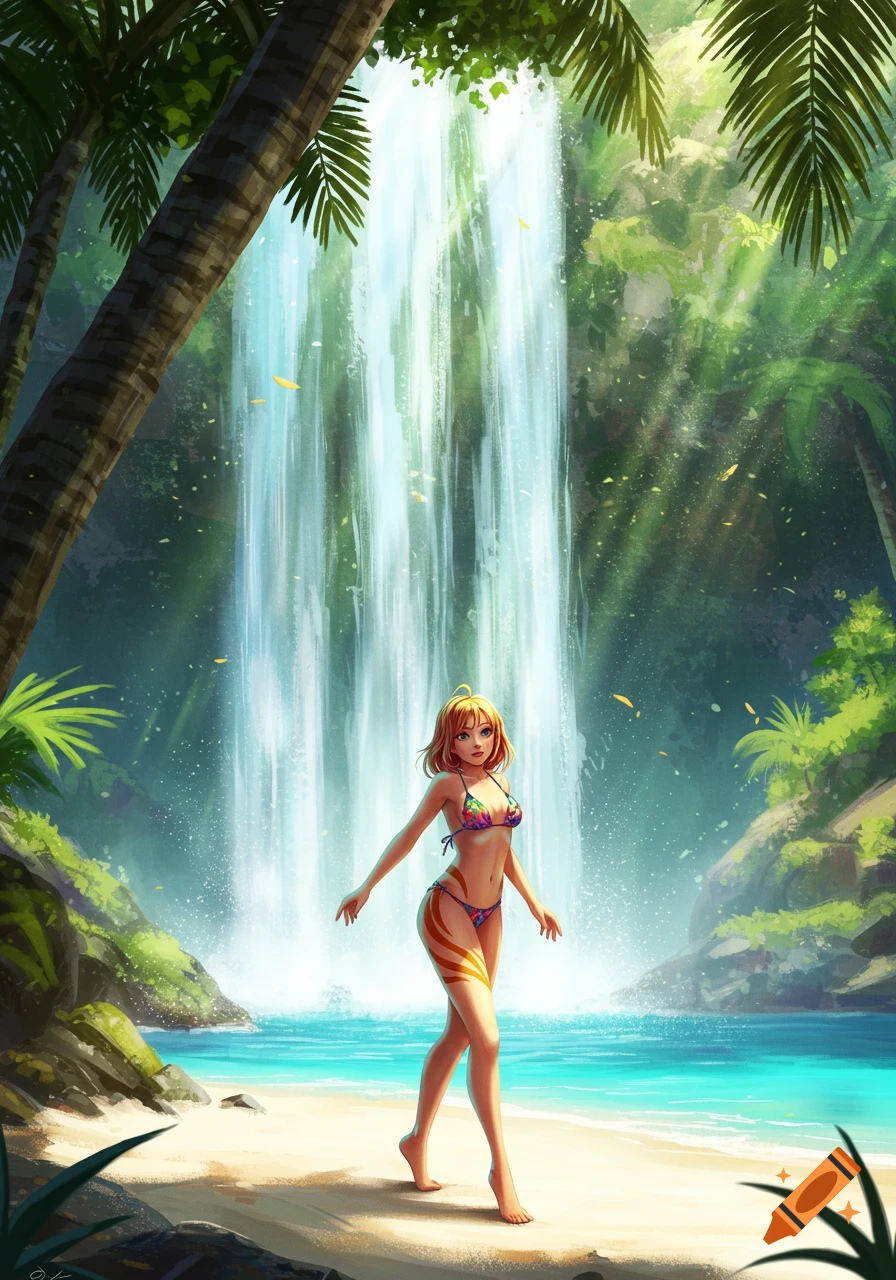 Anime illustration of a woman in a bikini on a beach under a waterfall.