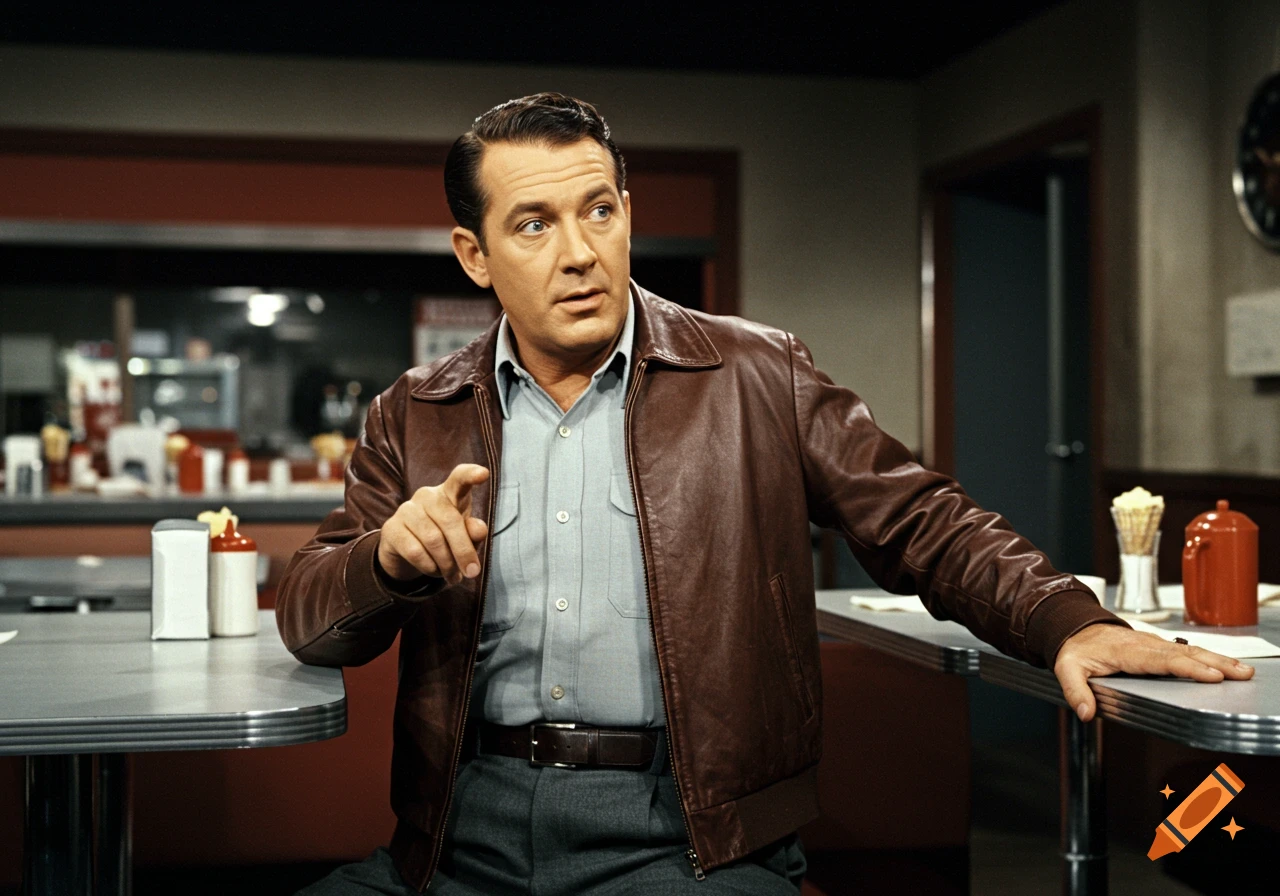 Man in brown leather jacket points in a 1950s diner