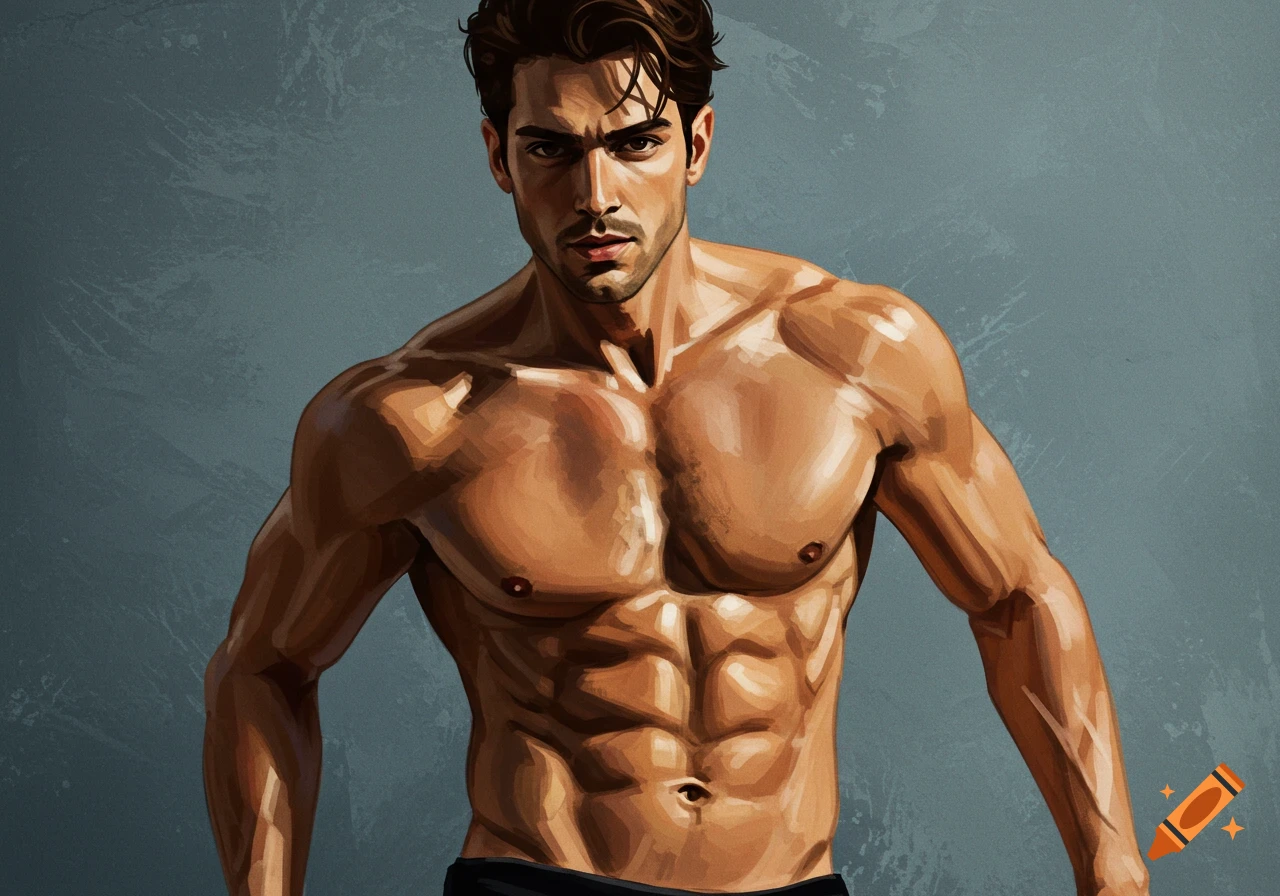 Digital painting of a muscular shirtless man against a textured background.
