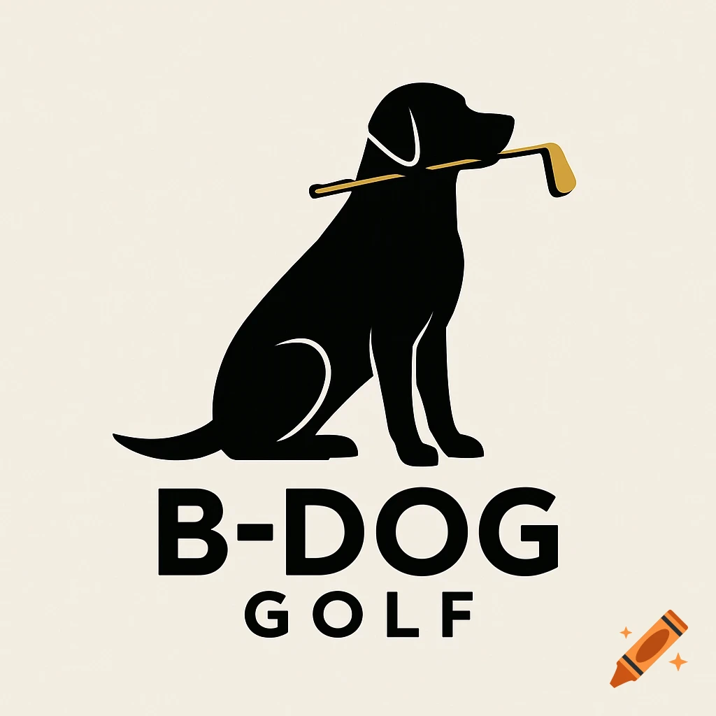 Logo of a black silhouette dog holding a gold golf club in its mouth with the text B-DOG GOLF below it.