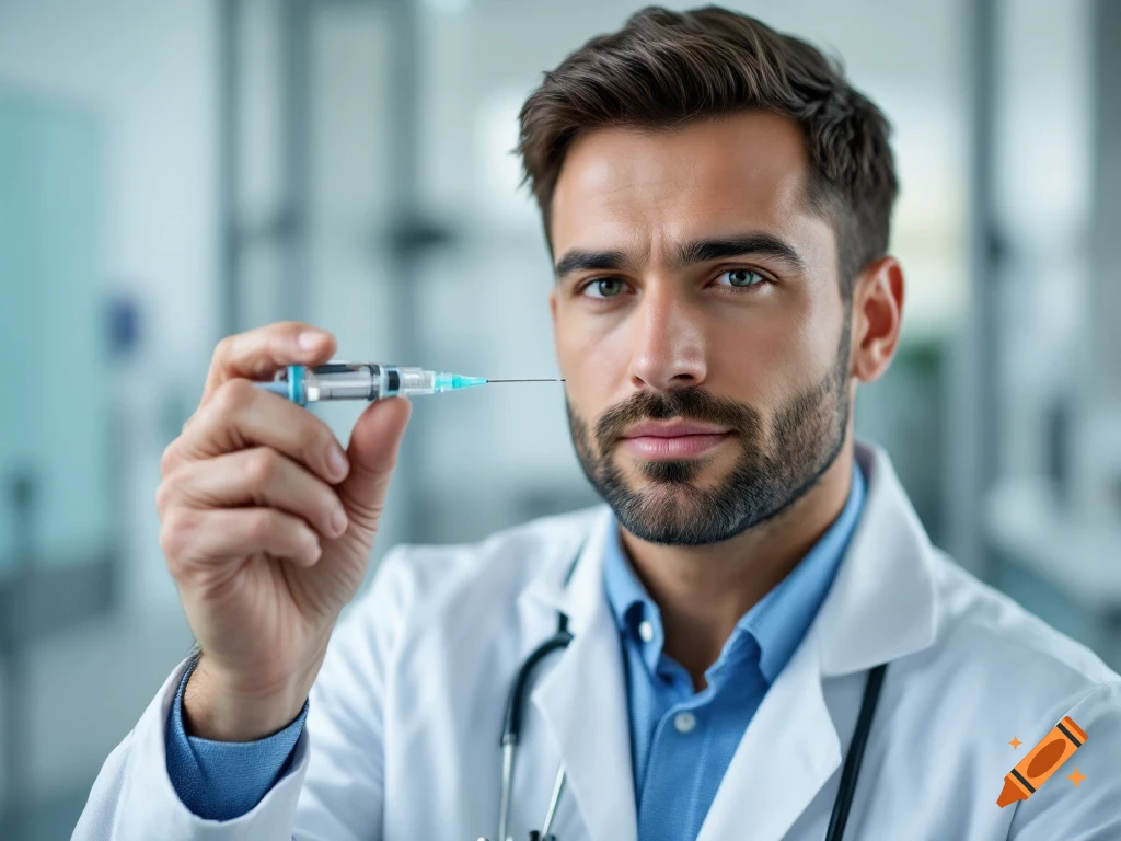 A doctor in a white lab coat holding a syringe.