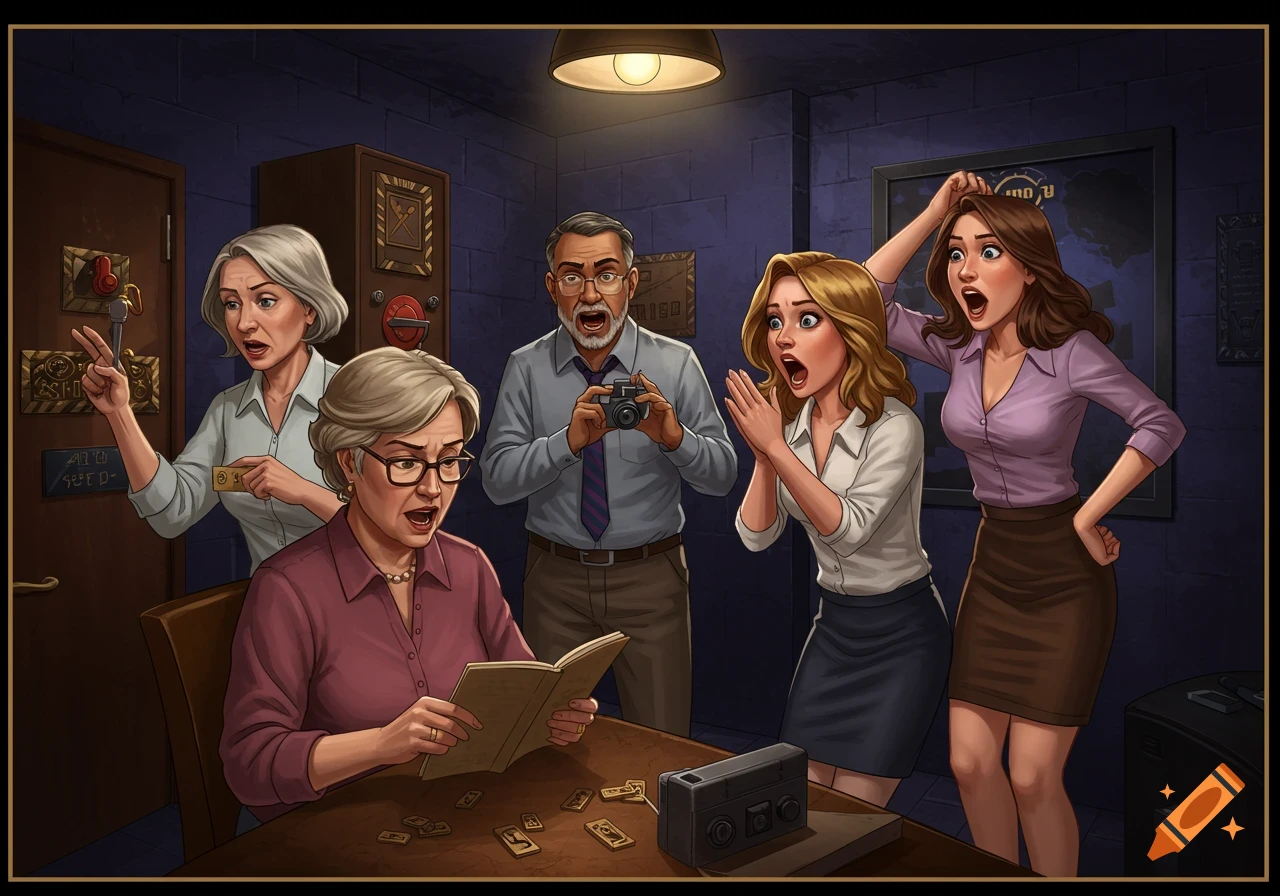 Illustration of five people reacting in surprise while playing an escape room game