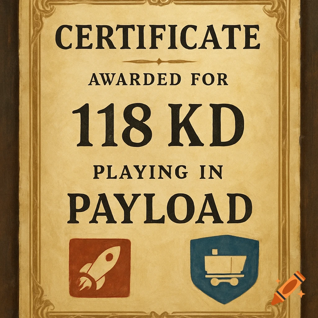 A certificate awarded for 118 KD playing in Payload, with game mode icons.