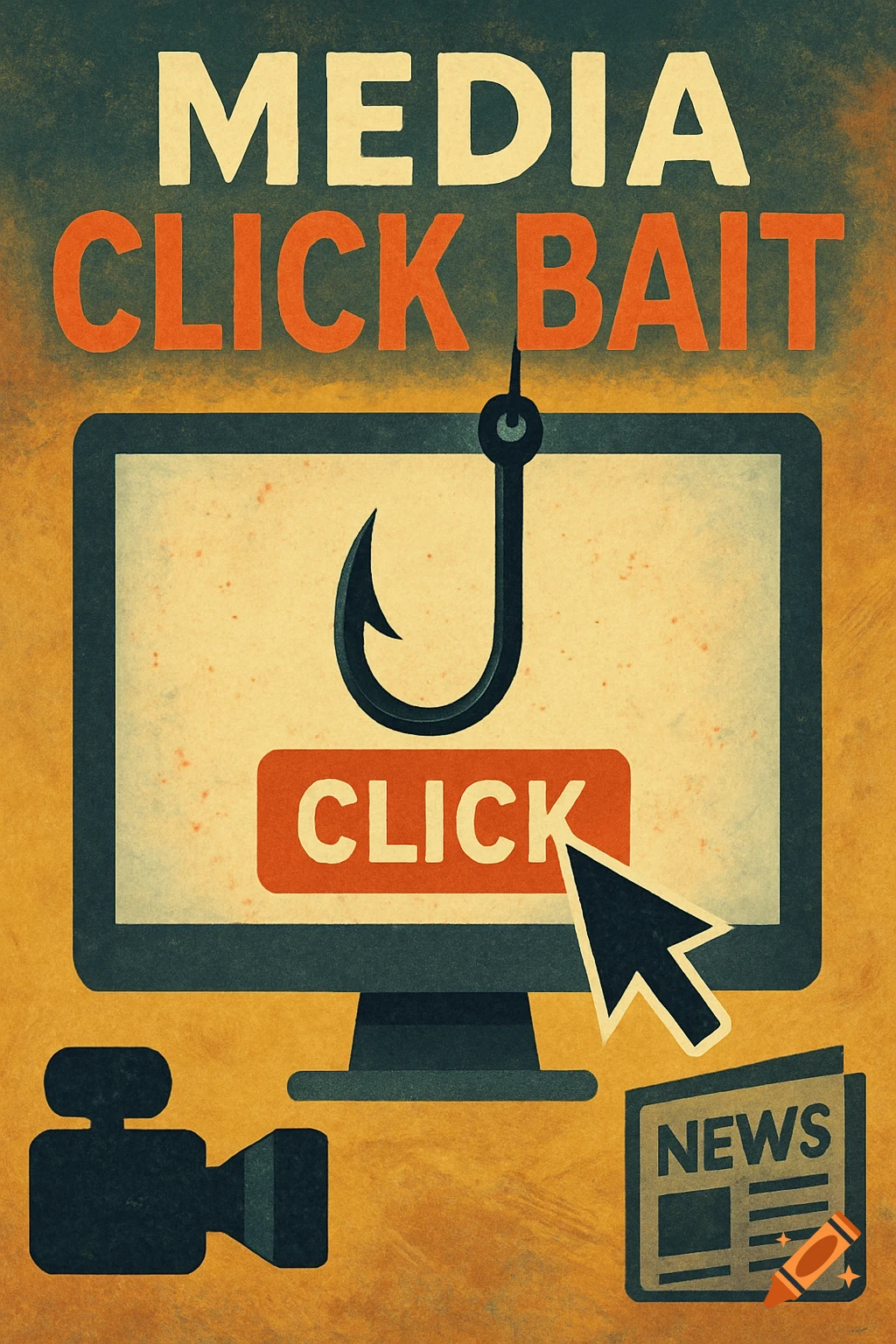 Poster with 'MEDIA CLICK BAIT' text, showing a fish hook over a computer screen button labeled 'CLICK', with a camera and newspaper. Stylized print.