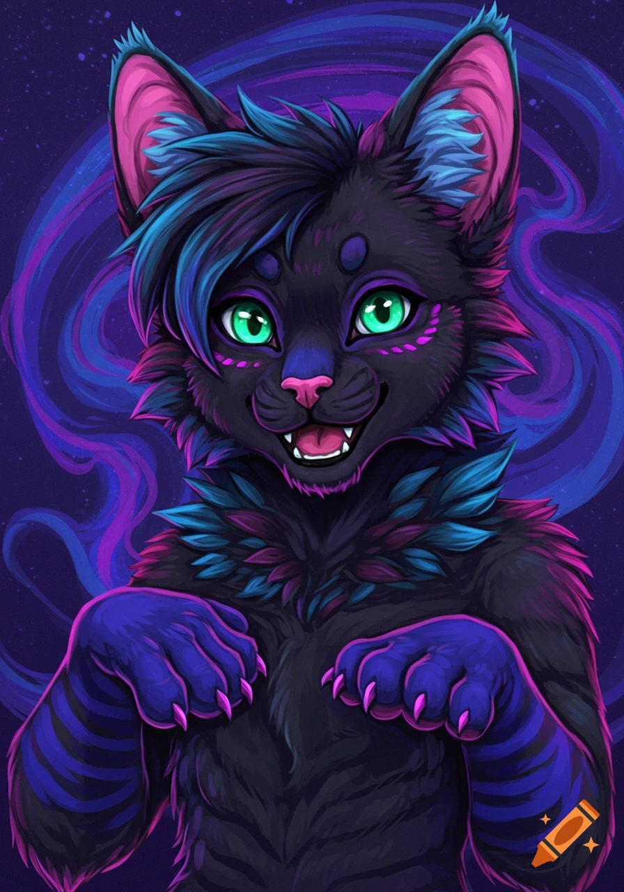 Stylized portrait of a furry cat with dark blue, black, and purple fur and glowing green eyes.