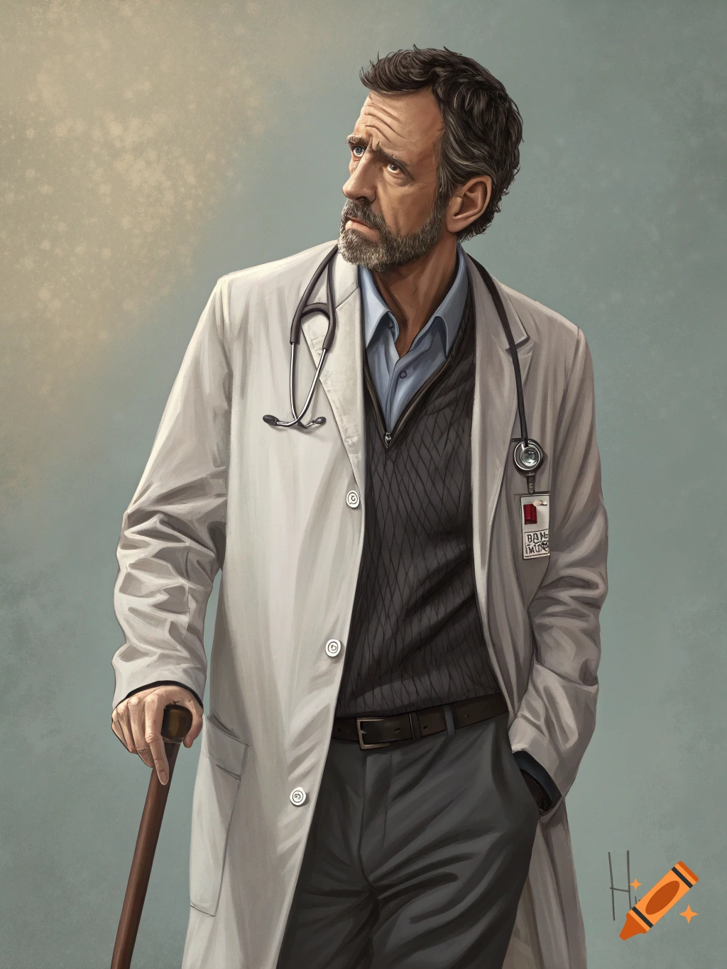 Illustration of a man resembling Dr. House in a lab coat leaning on a cane