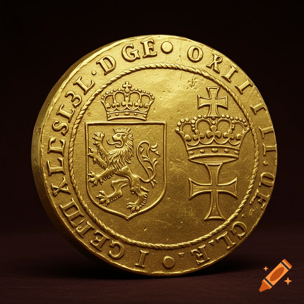 A detailed close-up of a medieval style gold coin with a lion crest and a crown.