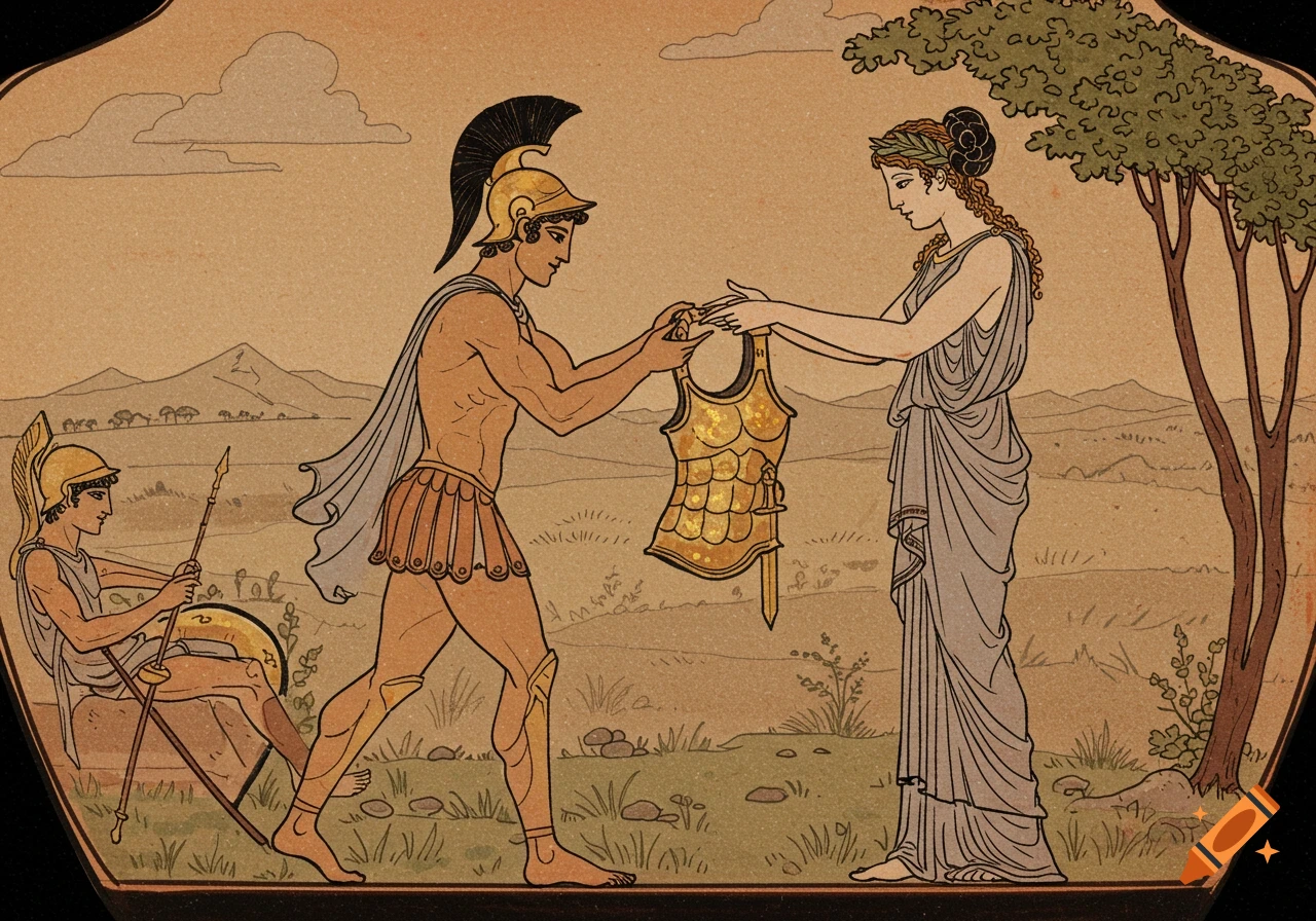 Ancient Greek style drawing of a warrior receiving armor from a woman