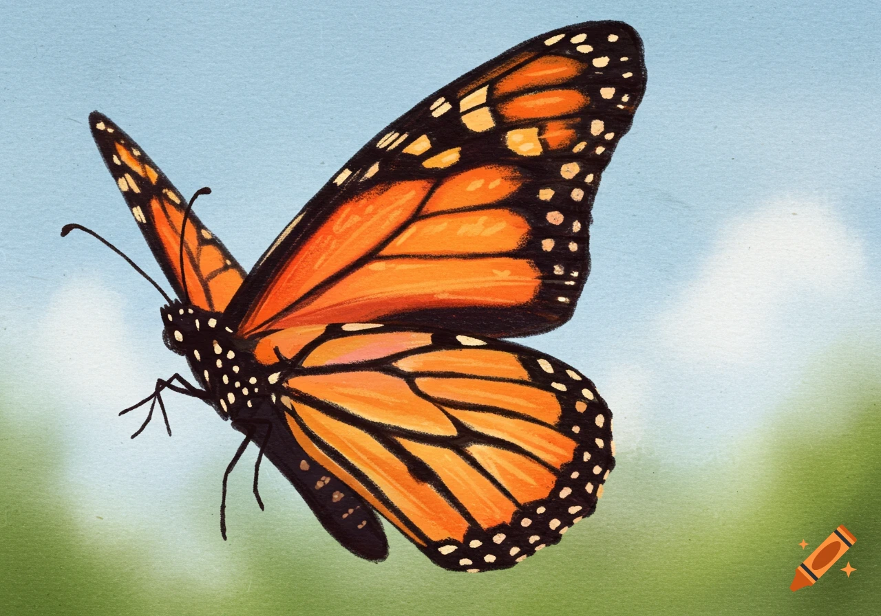 A monarch butterfly drawn with crayons against a blue and green background.