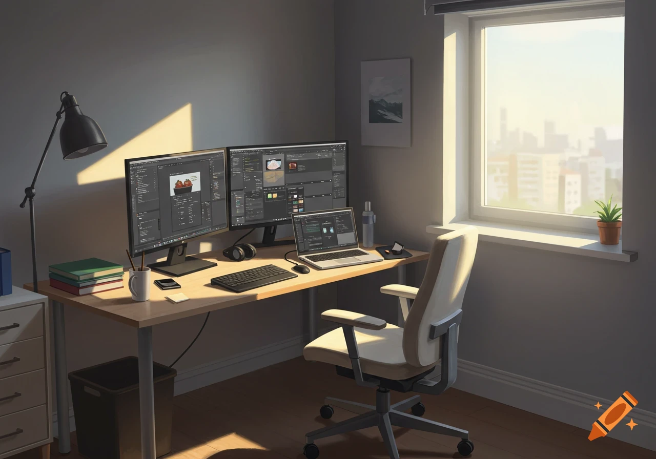 A sunlit corner desk setup with two monitors, a laptop, chair, and books in a room, digital art style.