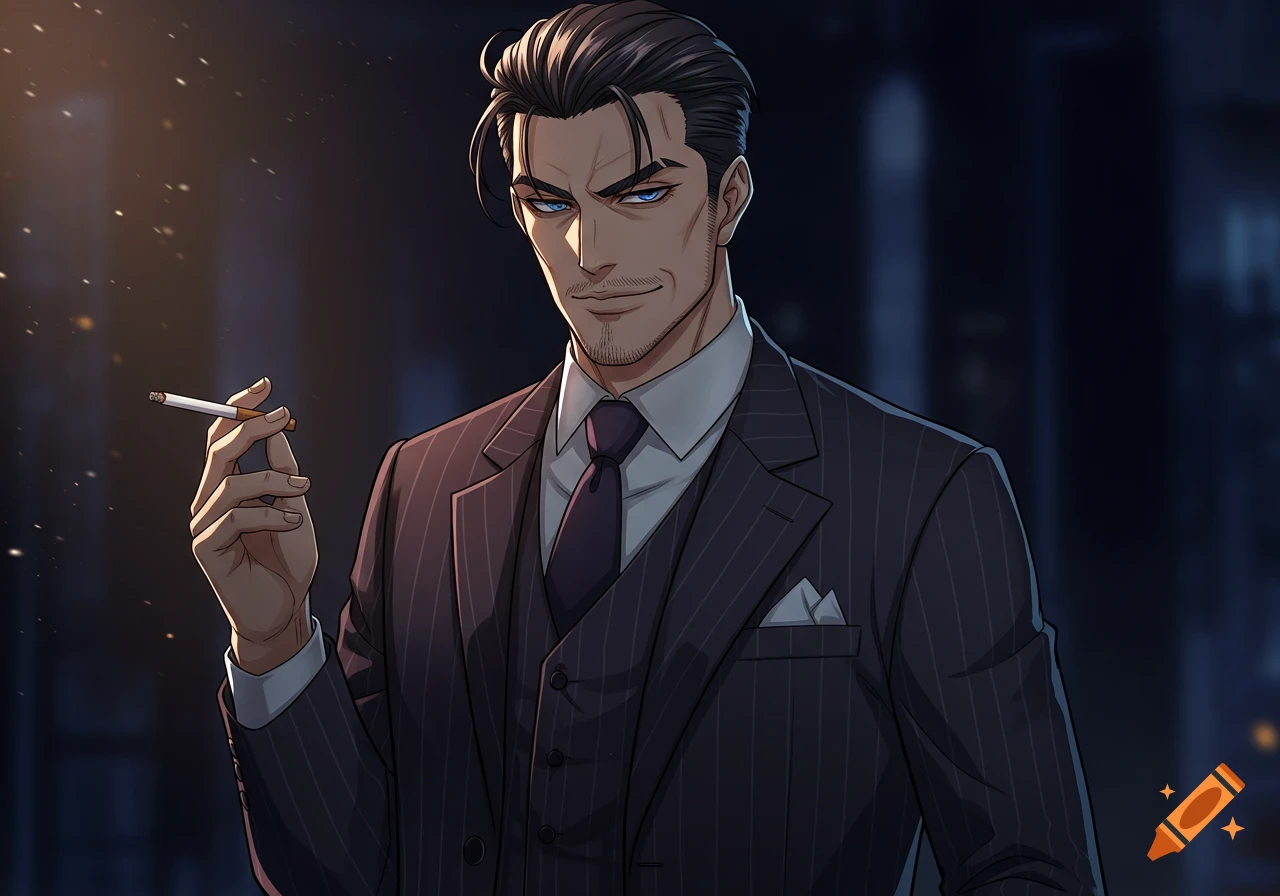 Anime portrait of a man in a pinstripe suit smoking a cigarette.