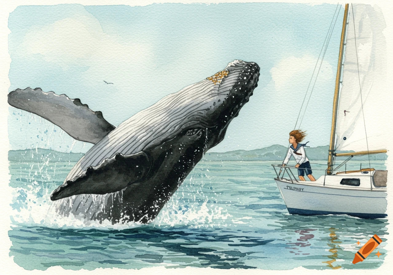 Watercolor painting of a humpback whale breaching next to a sailboat with a person aboard.
