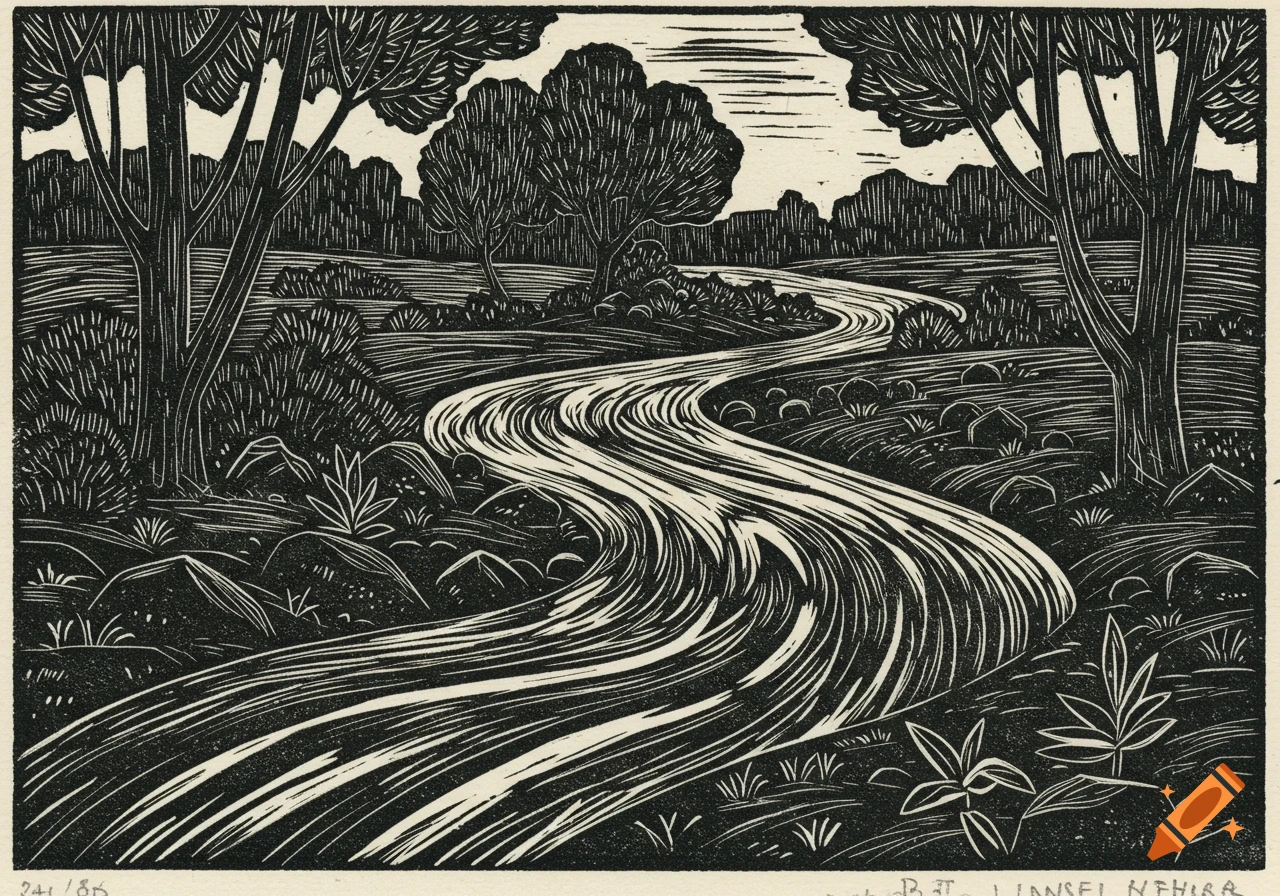 A black and white linocut print depicting a winding river flowing through a forest landscape.