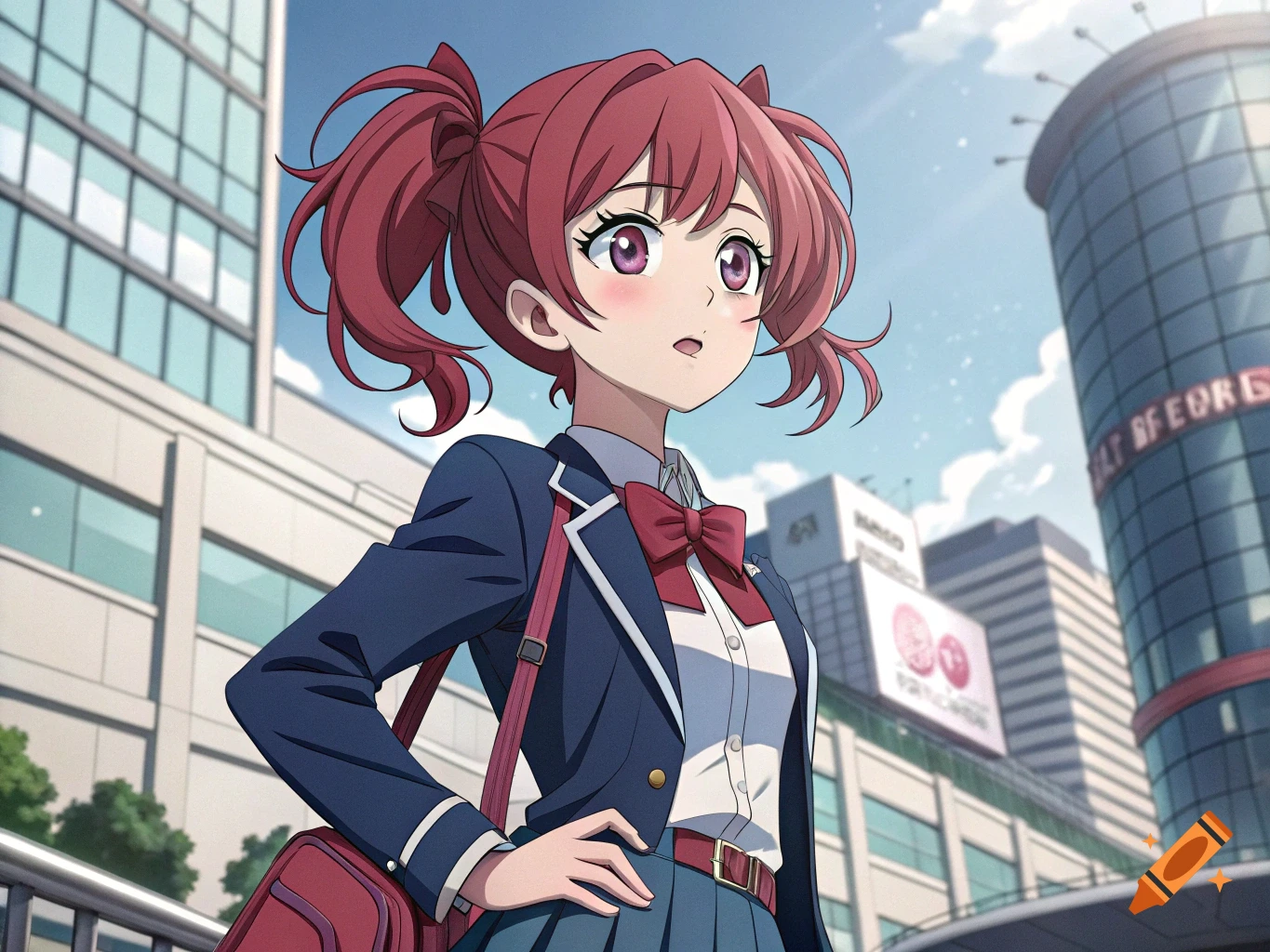 Anime girl with red pigtails in school uniform standing outside city buildings