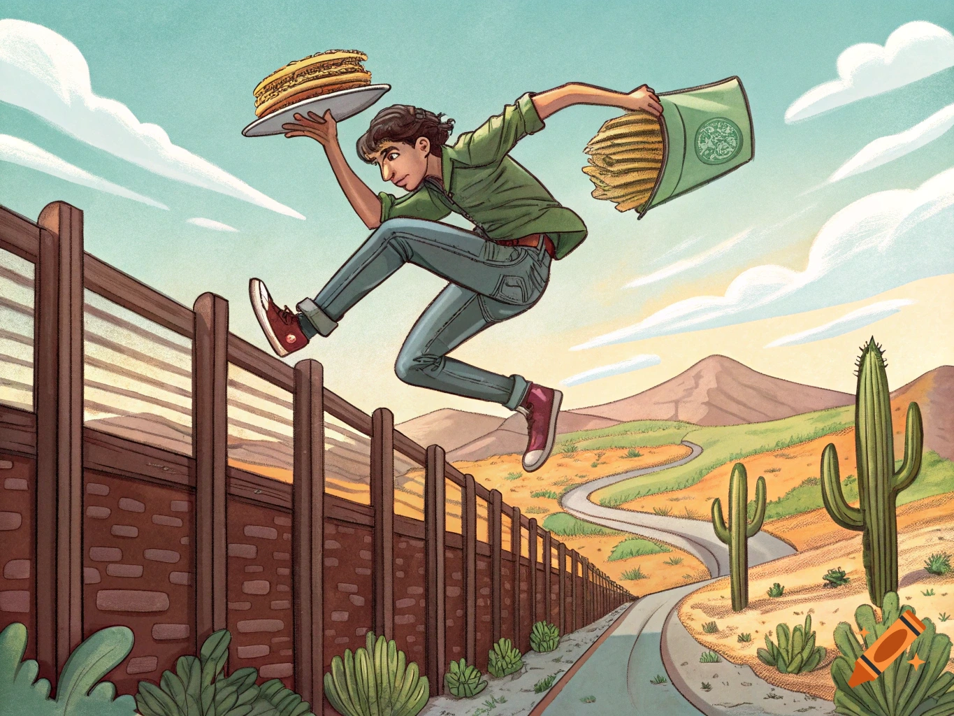 Illustration of a person jumping over a border fence in a desert landscape, holding a plate of food and a bag.