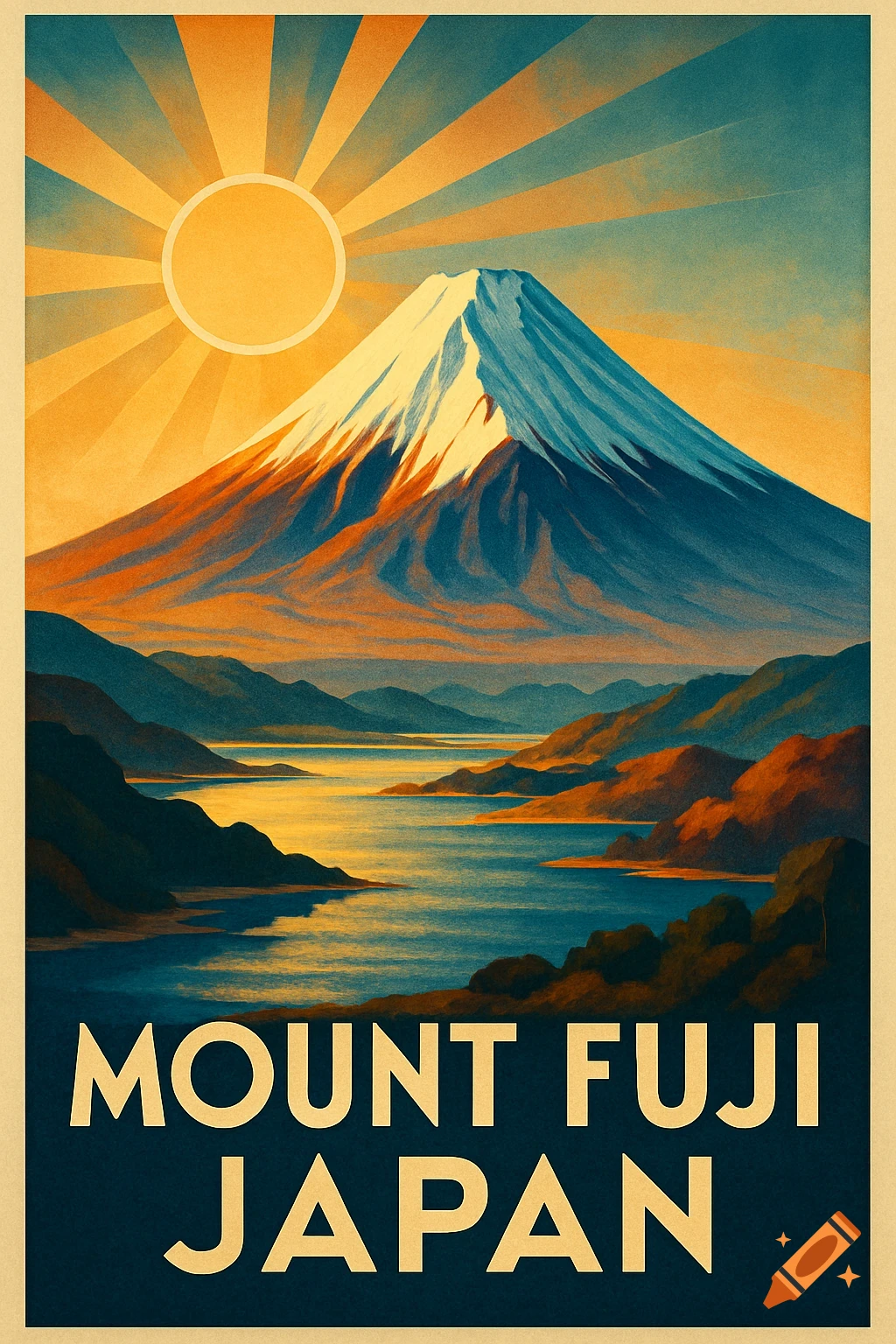 An art deco travel poster of Mount Fuji in Japan, with a lake and sunrise.