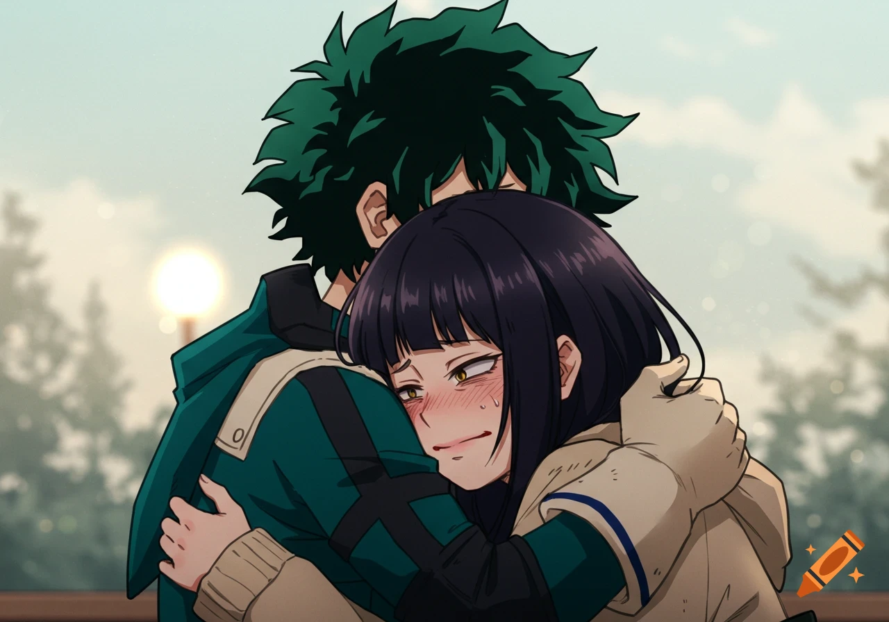 Anime style illustration of Izuku Midoriya hugging Himiko Toga in a park.
